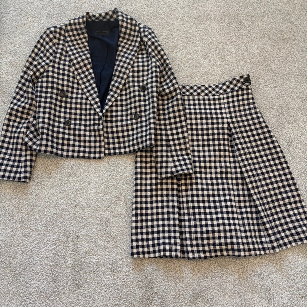 Banana Republic Gingham Plaid Skirt Suit Womens 8 Black Cream Blazer Skirt Set